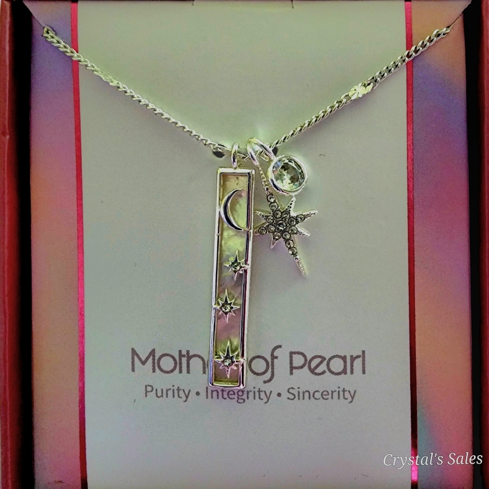 New! Silver Mother Of Pearl Moon & Stars Charm Trio Pendant Necklace!